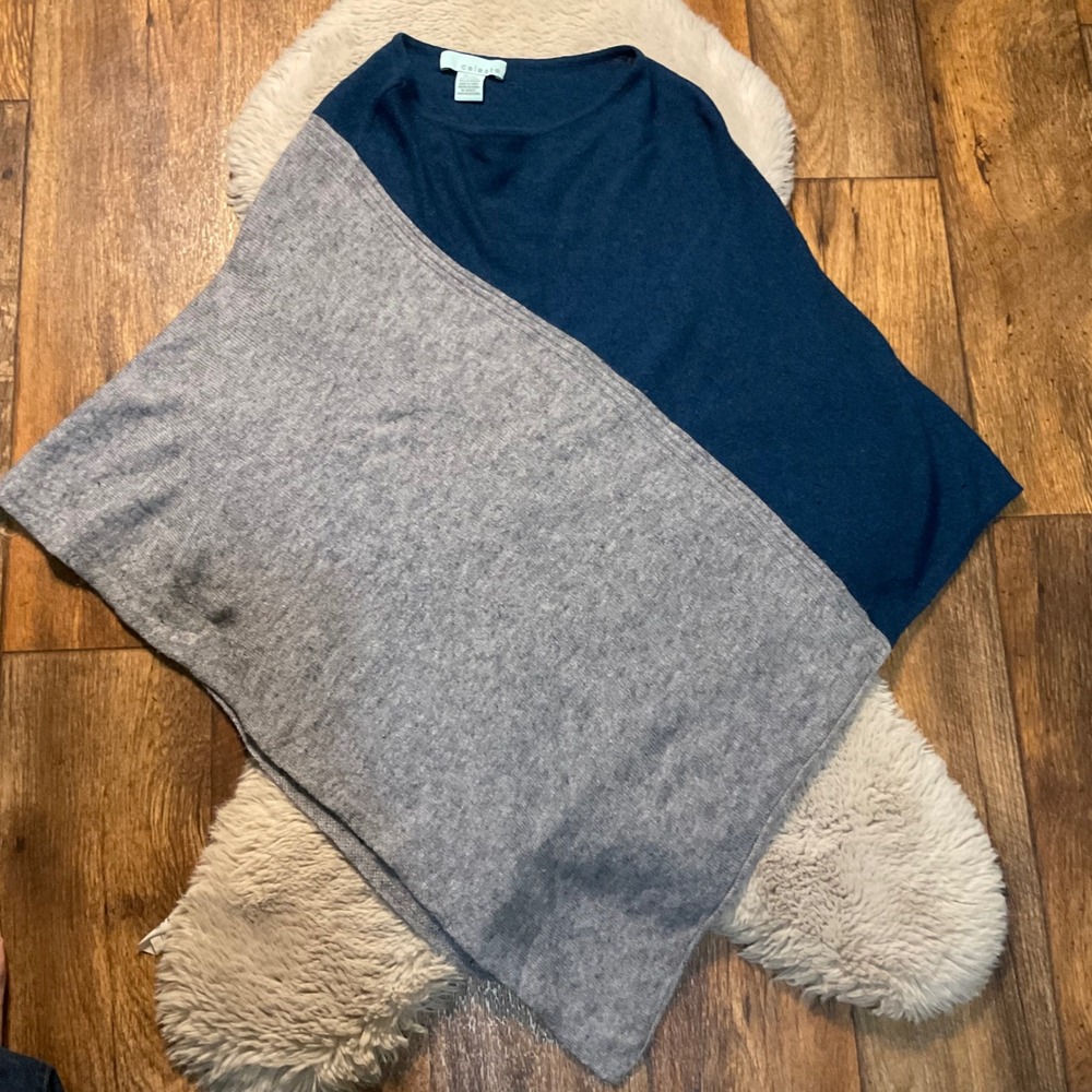 Celeste Poncho Wool Lightweight Colorblock Womens‎ Blue Gray One Size Sweater